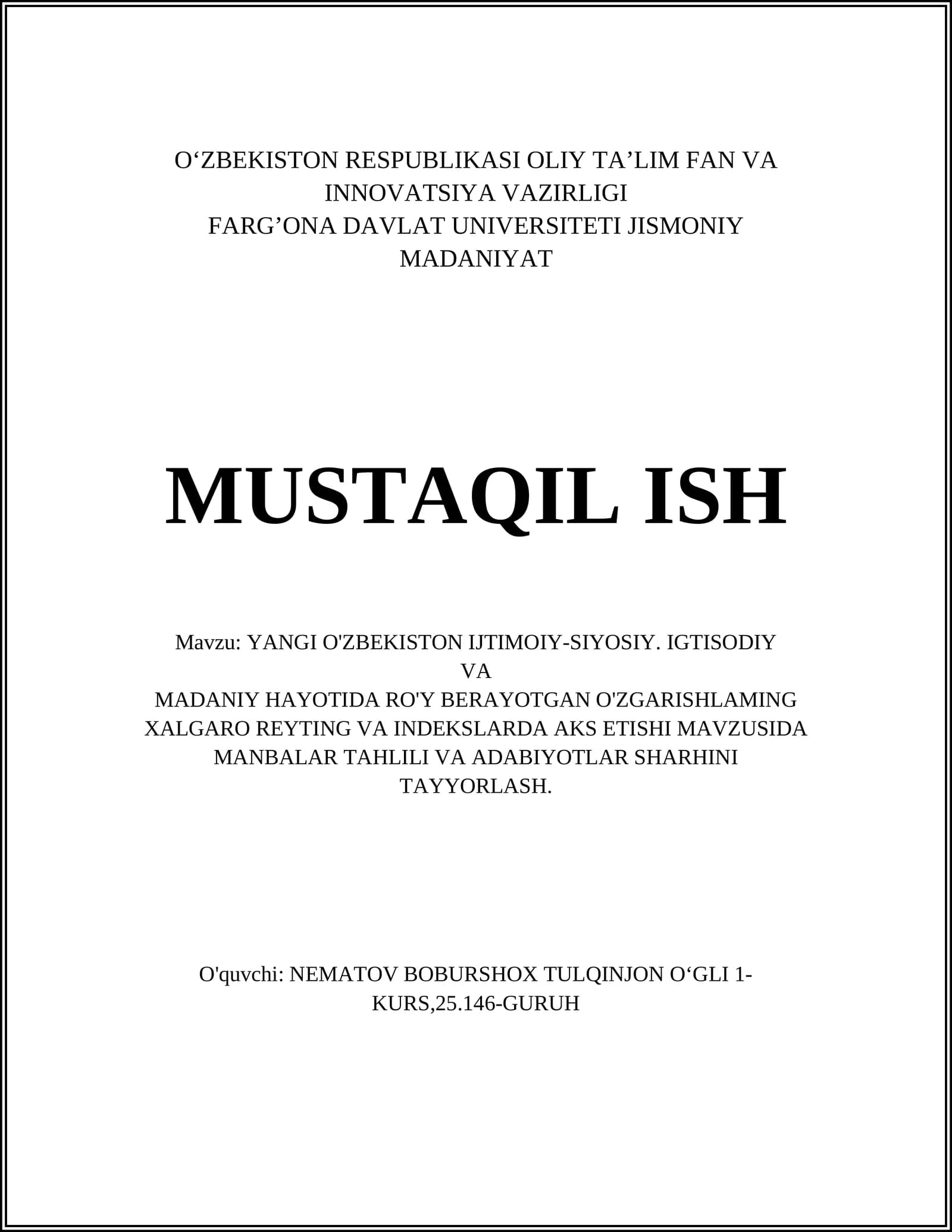 YANGI O'ZBEKISTON IJTIMOIY-SIYOSIY. IGTISODIY