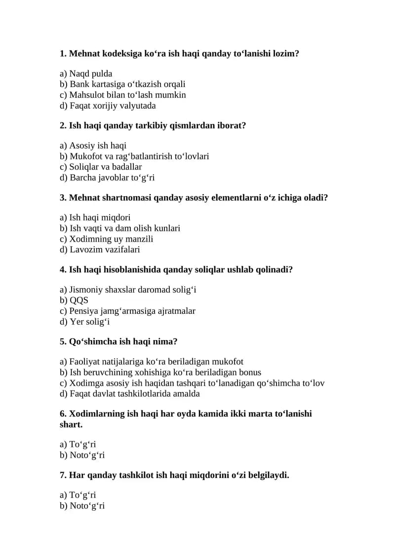 Mehnat kodeksi va ish haqi