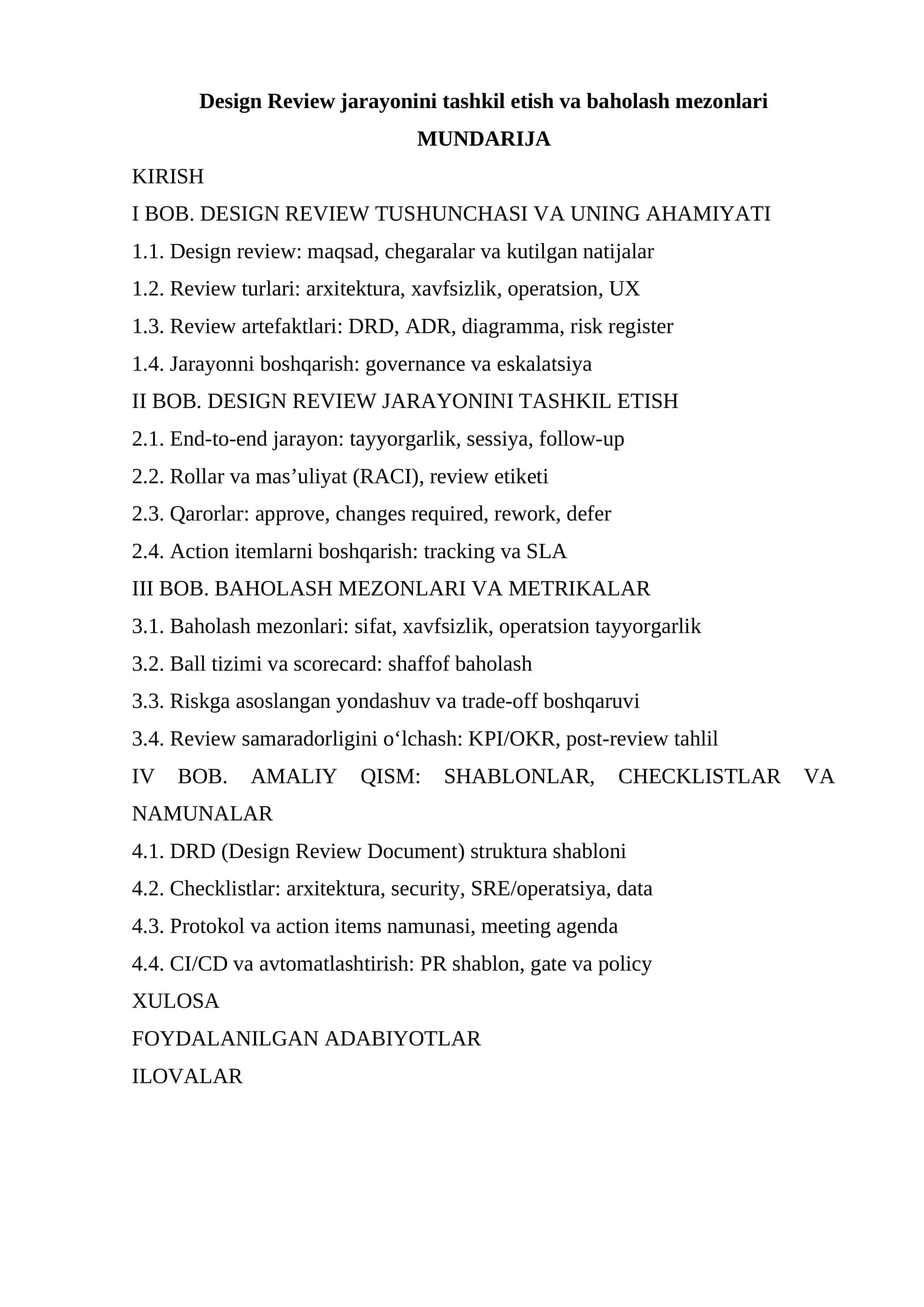 Design Review jarayonini tashkil etish va baholash mezonlari