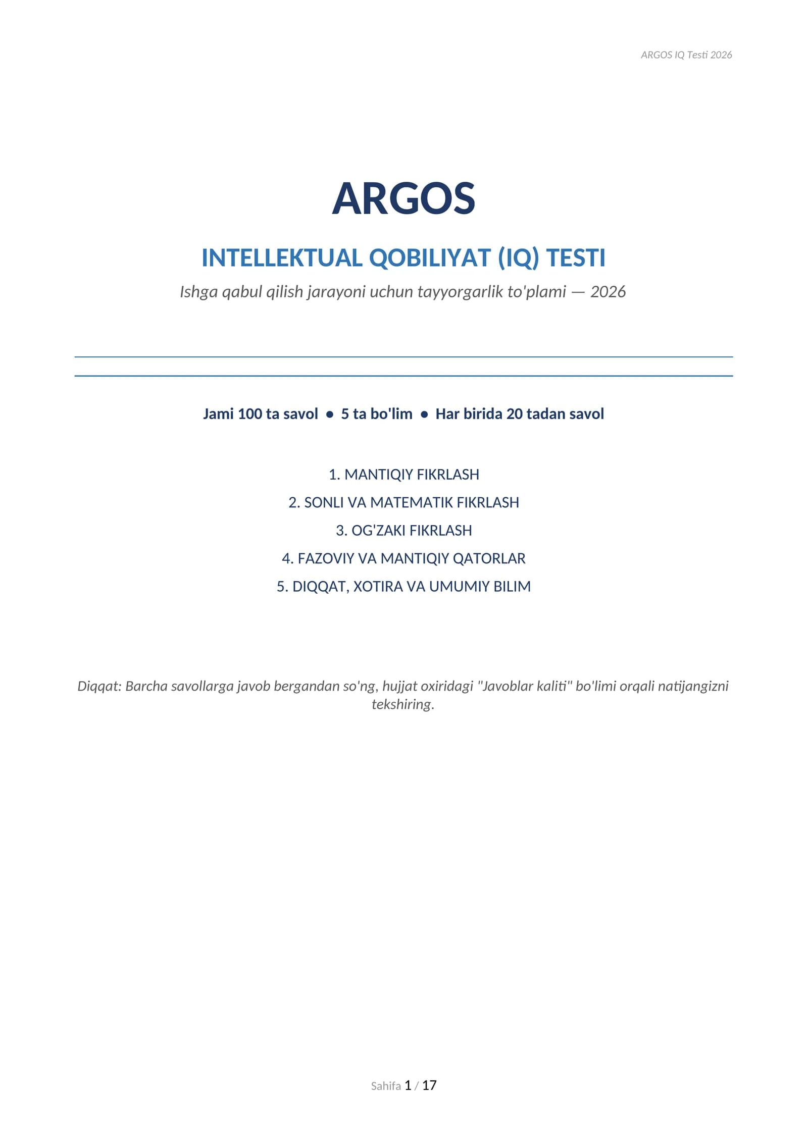 Argos IQ Testlar javoblari bilan 5 ta bo'limdan yangi