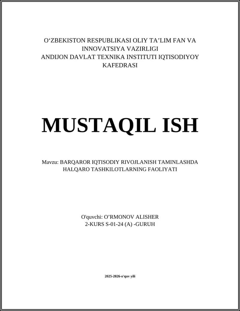 BARQAROR IQTISODIY RIVOJLANISH TAMINLASHDA HALQARO TASHKILOTLARNING FAOLIYATI