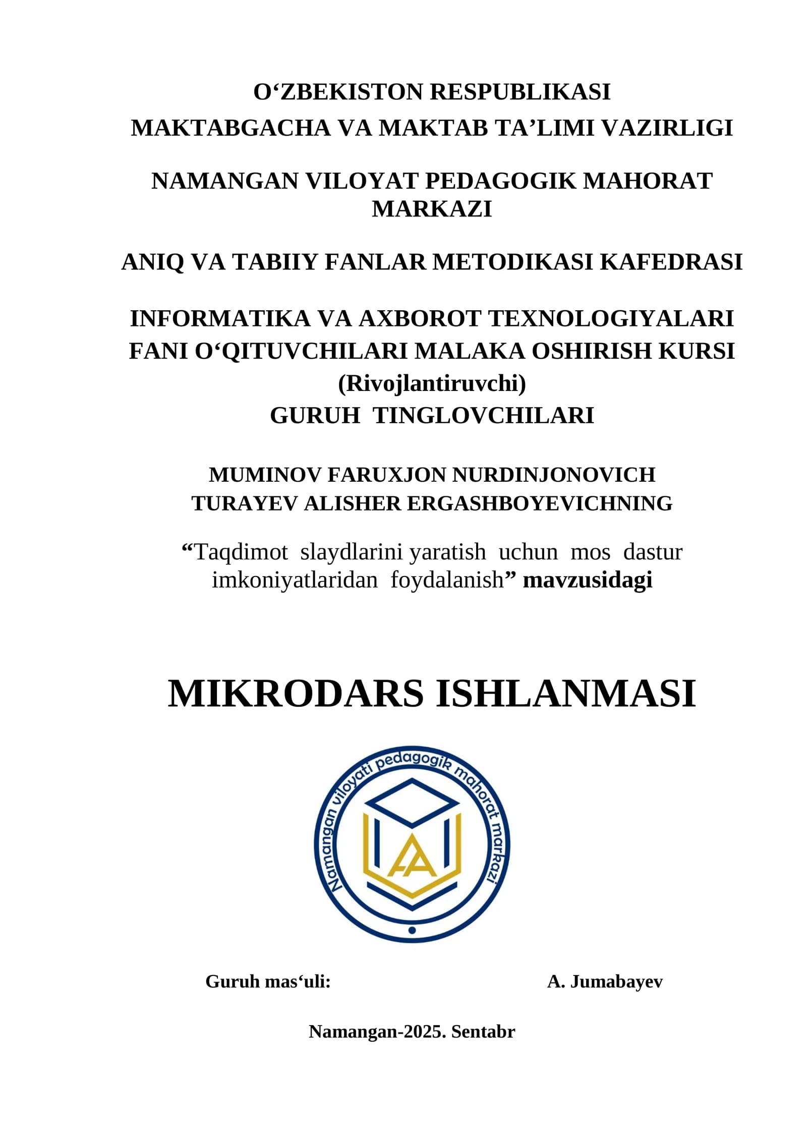 Taqdimot slaydlarini yaratish uchun mos dastur imkoniyatlaridan foydalanish