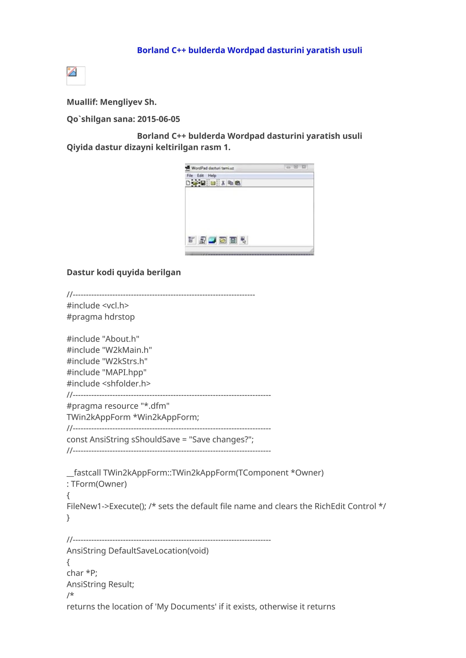 Borland C++ bulderda Wordpad dasturini yaratish usuli