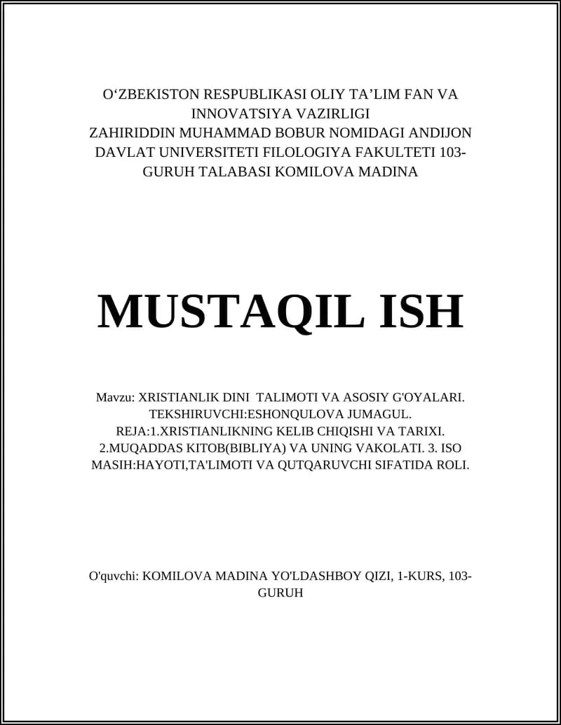 XRISTIANLIK DINI TALIMOTI VA ASOSIY G'OYALARI