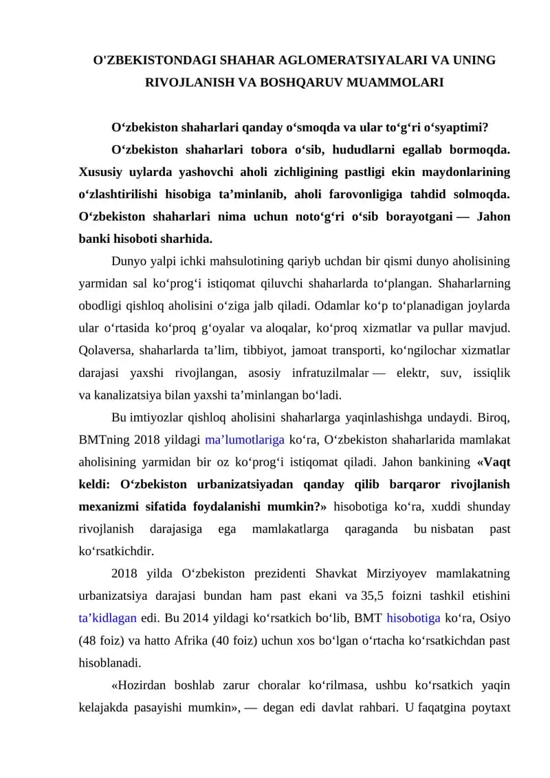 O'zbekistondagi Shahar Aglomeratsiyalari va Uning Rivojlanish va Boshqaruv Muammolari