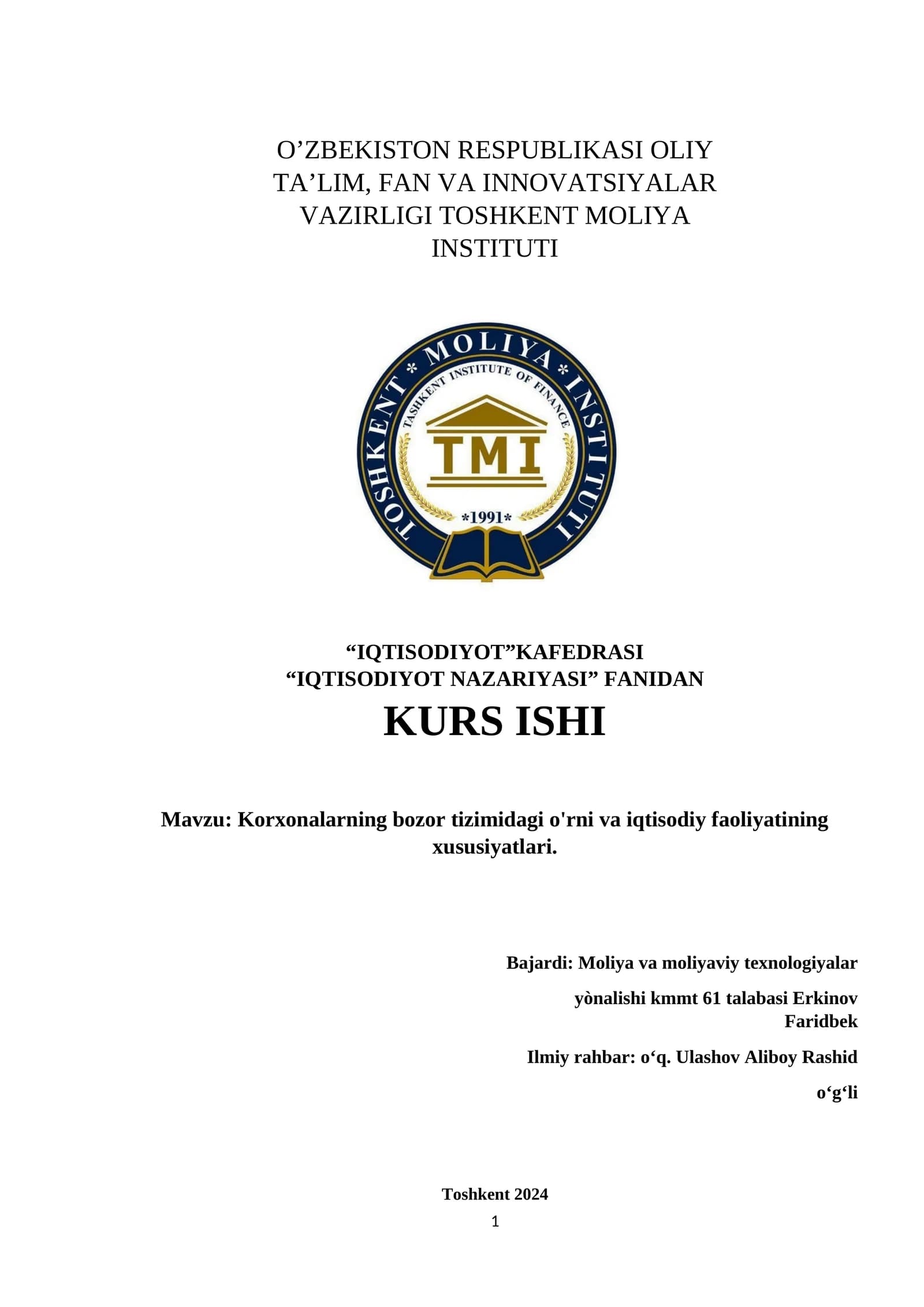 IQTISODIYOT NAZARIYASI KURS ISHI