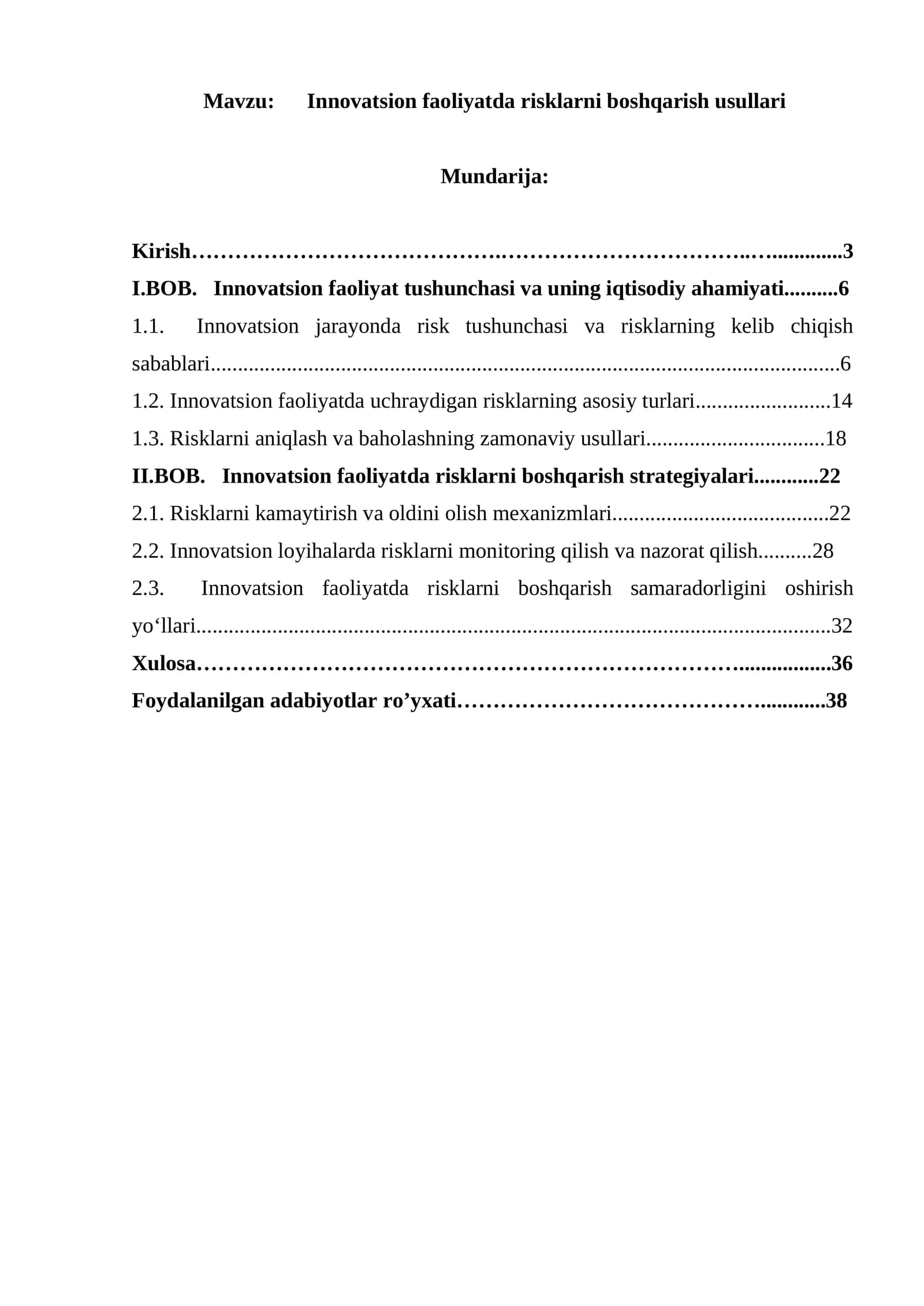 Innovatsion faoliyatda risklarni boshqarish usullari