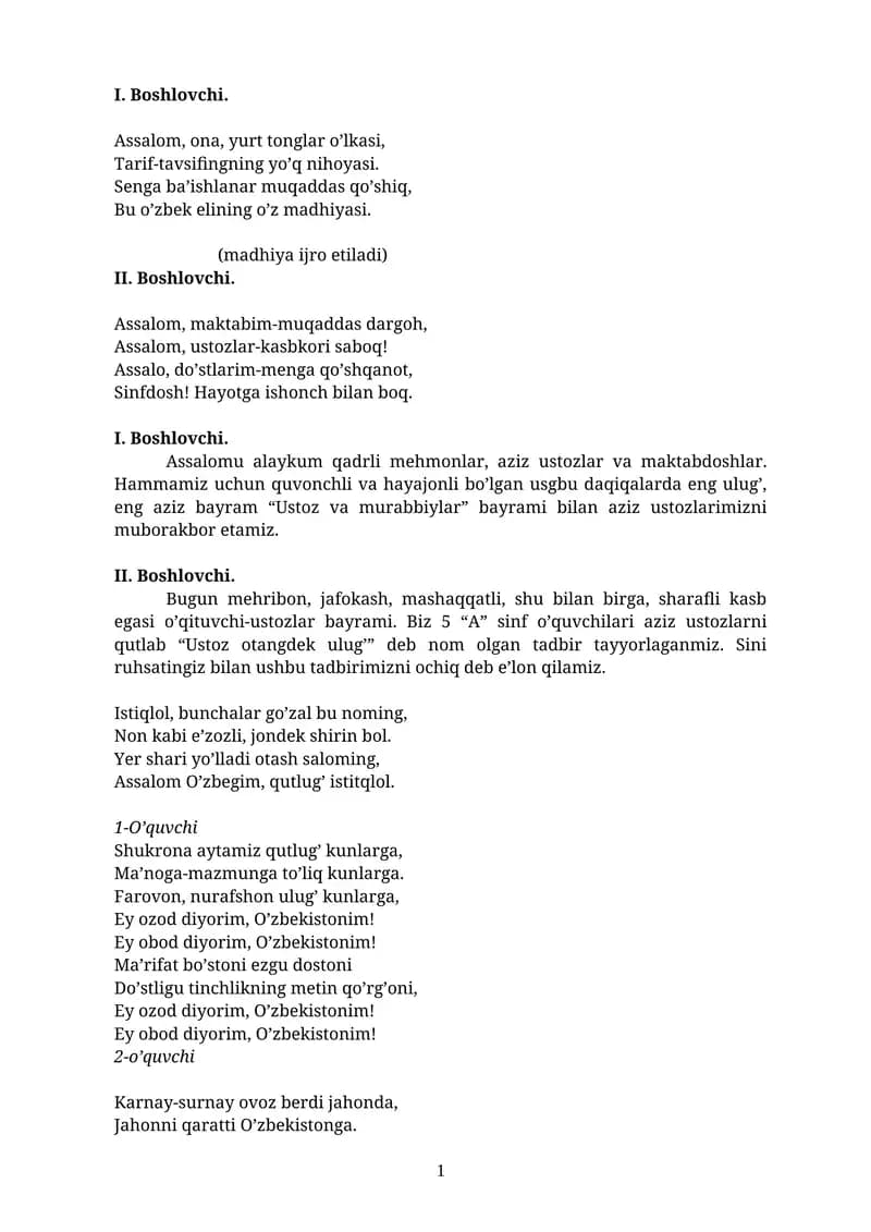 Ustoz va murabbiylar kuni senariysi