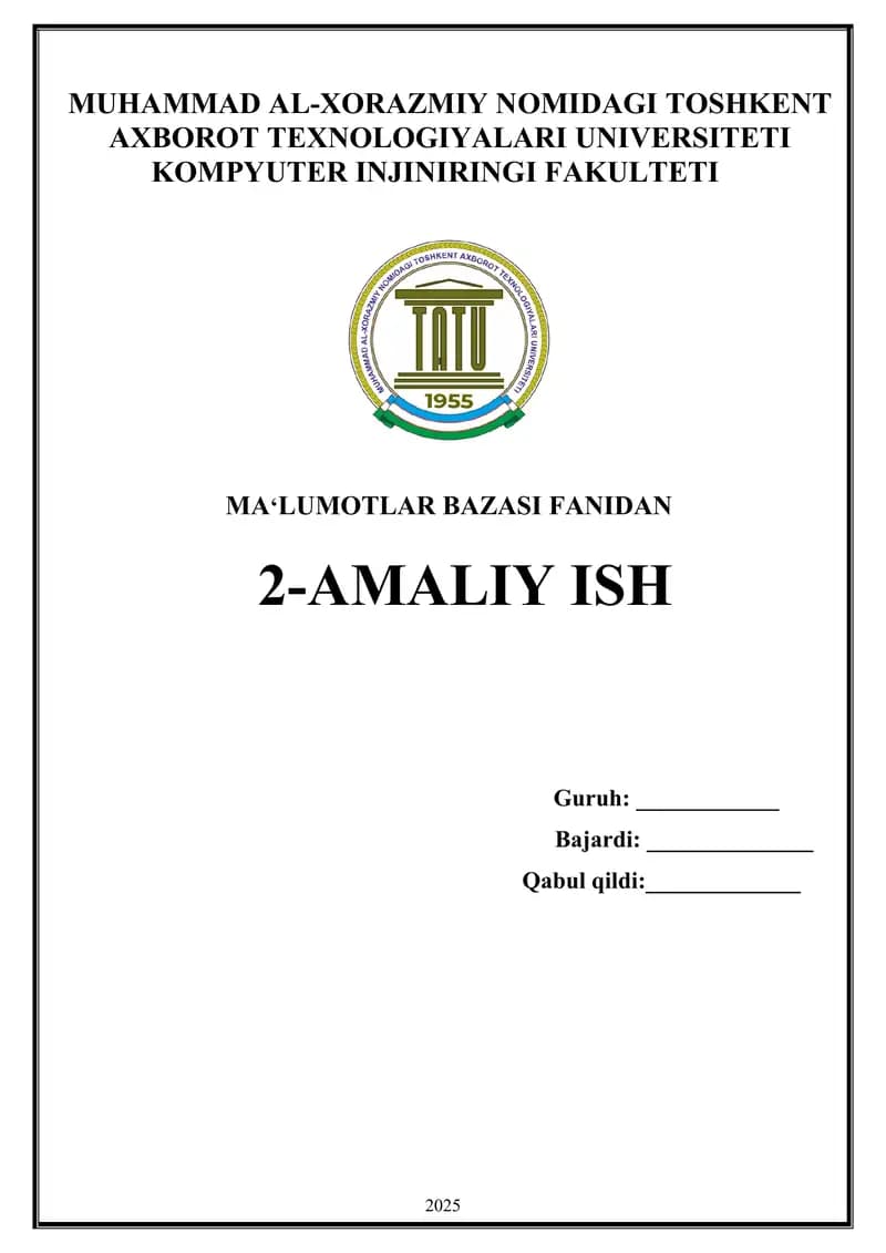 Ma’lumotlar bazasini loyihalash. Mohiyat – aloqa diagrammasini qurish (ER modeli).
