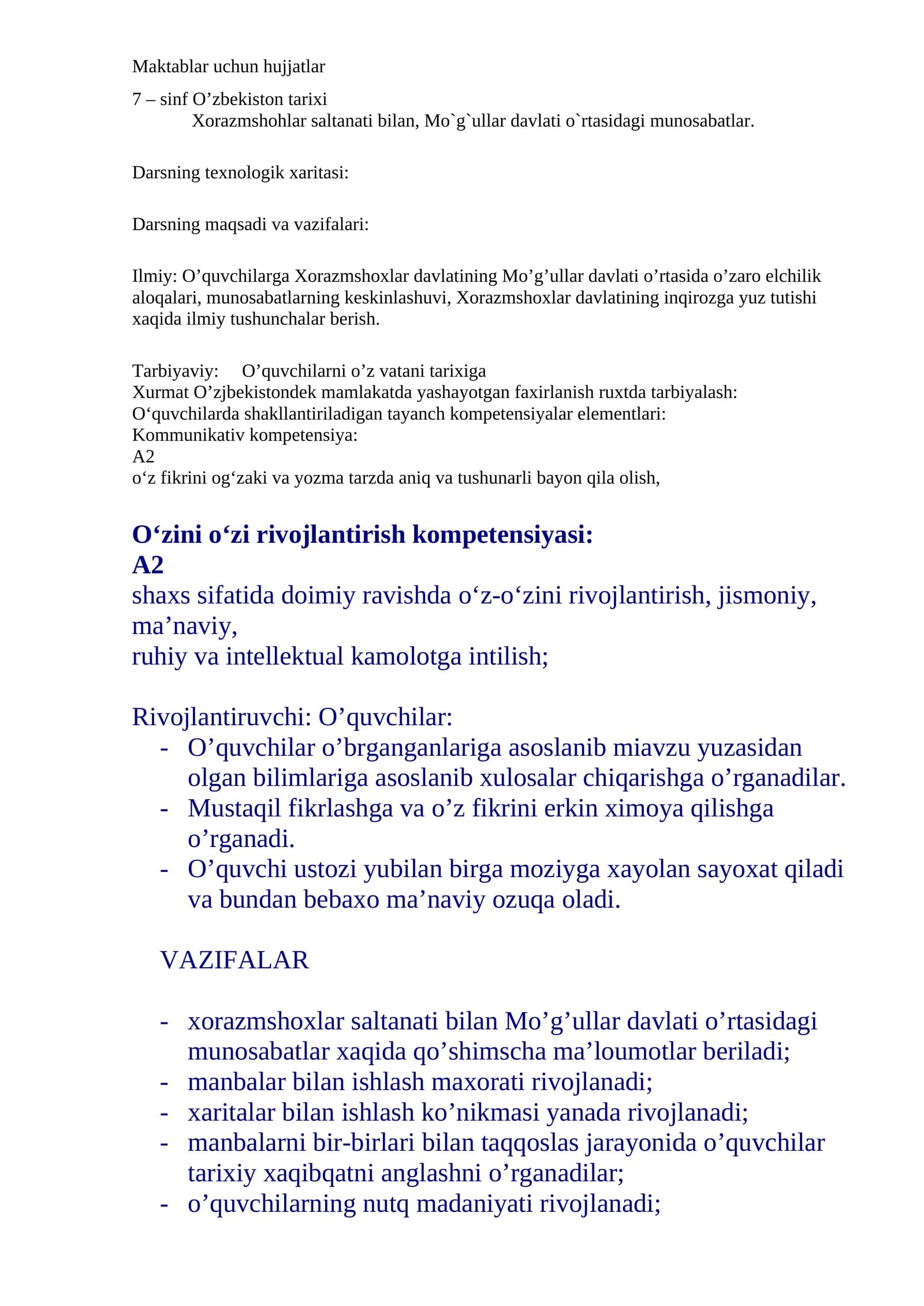 7 – sinf O’zbekiston tarixi