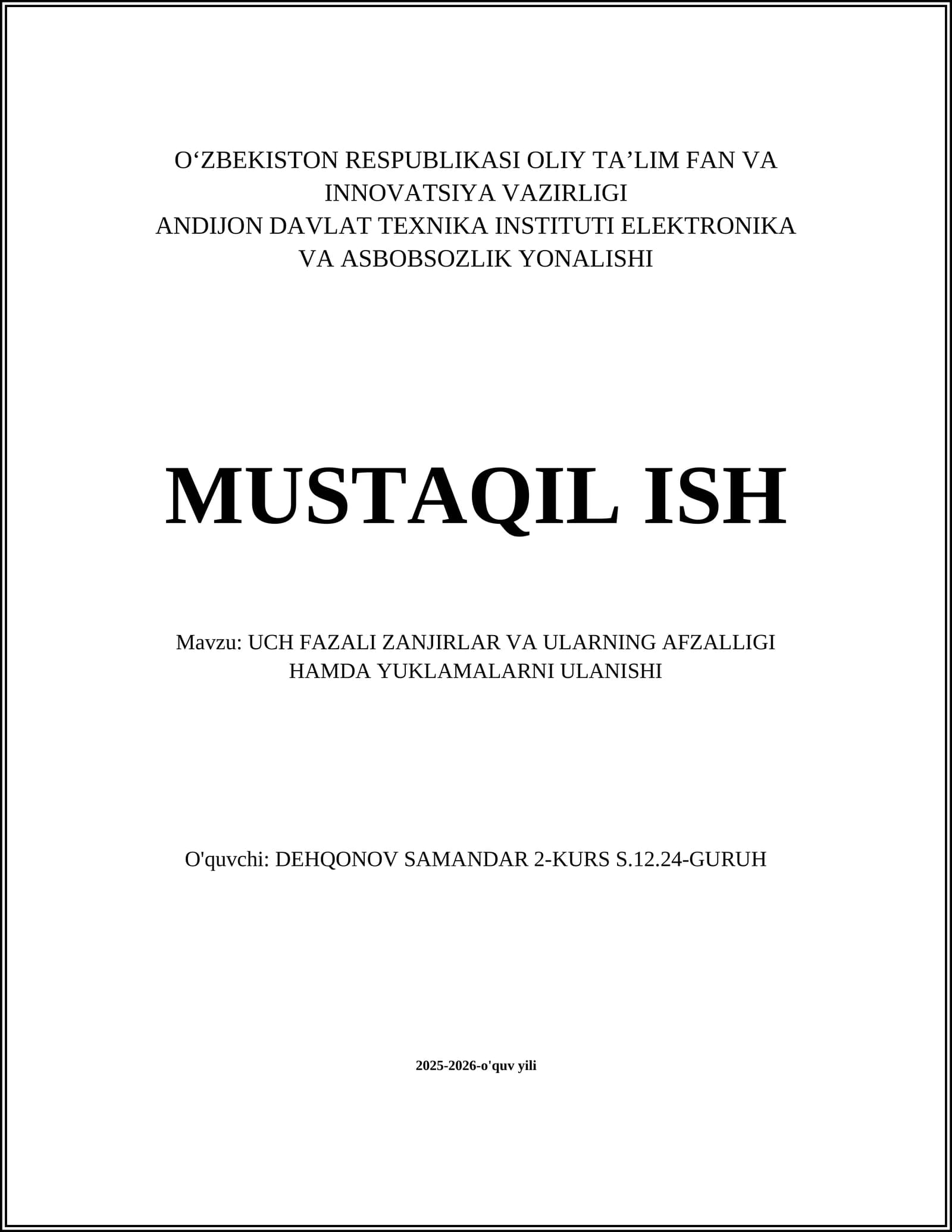 UCH FAZALI ZANJIRLAR VA ULARNING AFZALLIGI HAMDA YUKLAMALARNI ULANISHI
