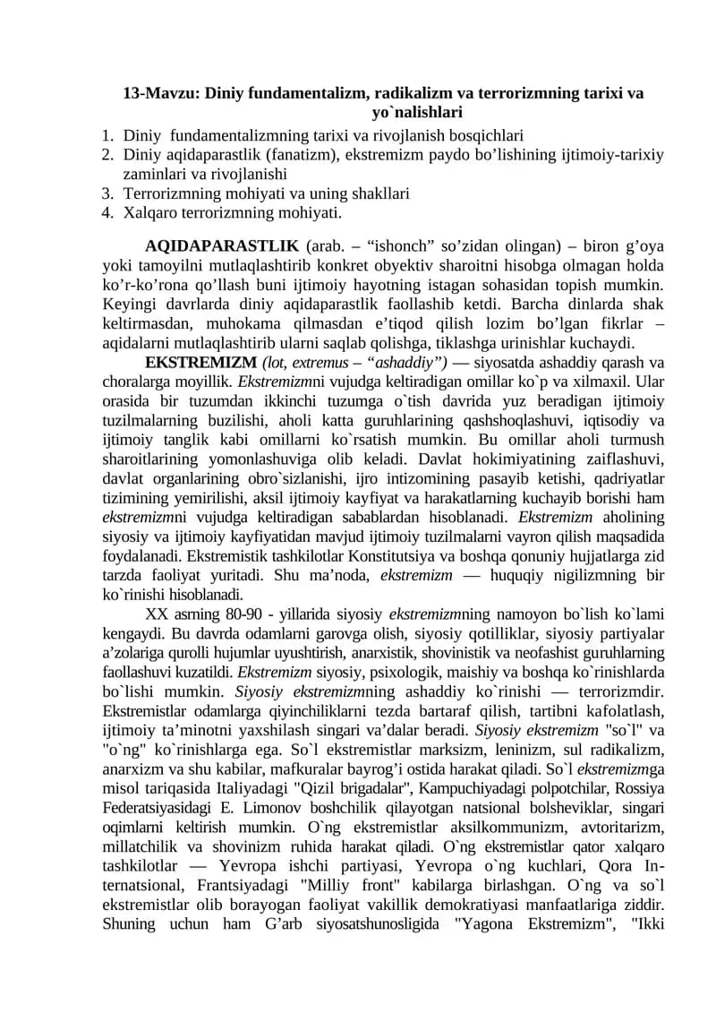 Diniy fundamentalizm, radikalizm va terrorizmning tarixi va yo`nalishlari
