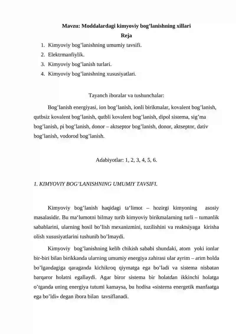 Moddalardagi kimyoviy bog’lanishning xillari