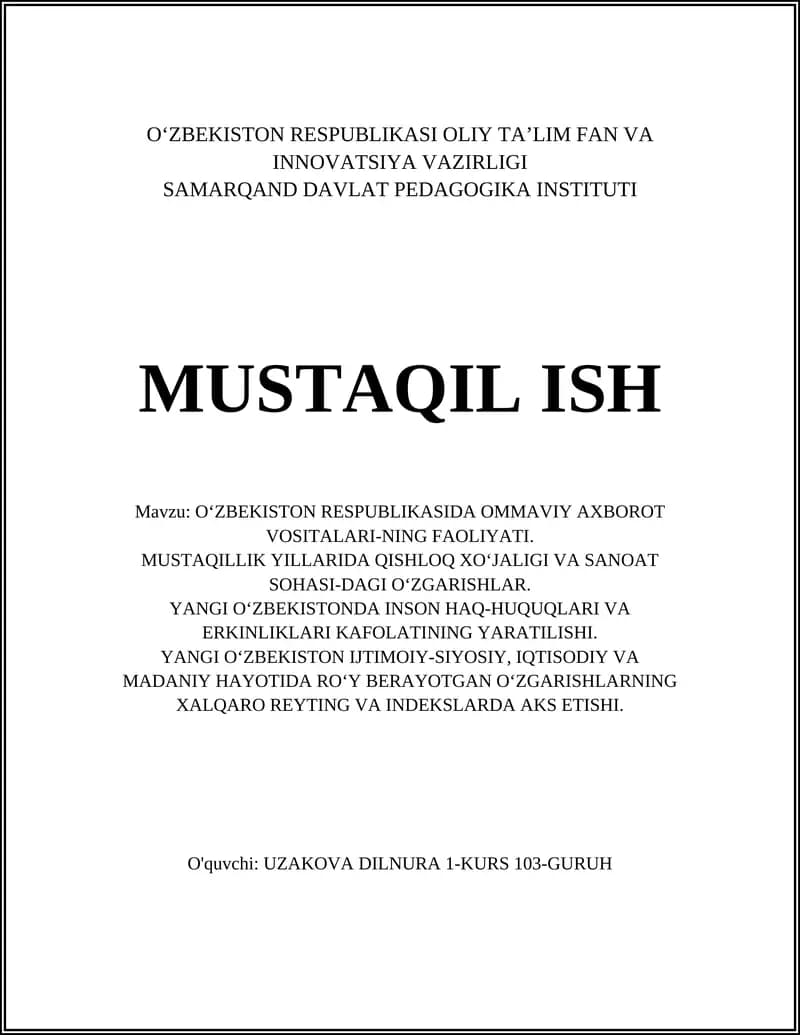 O‘ZBEKISTON RESPUBLIKASIDA OMMAVIY AXBOROT VOSITALARI-NING FAOLIYATI