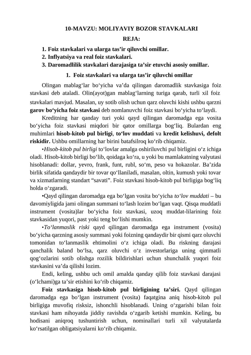 Foiz Stavkalari va Ularga Tas’ir Qiluvchi Omillar