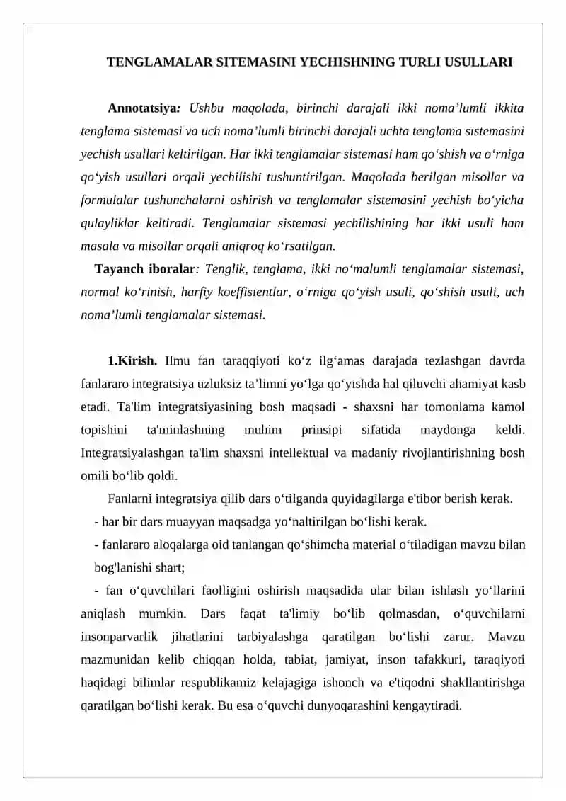 Tenglamalar Sitemasini Yechishning Turli Usullari