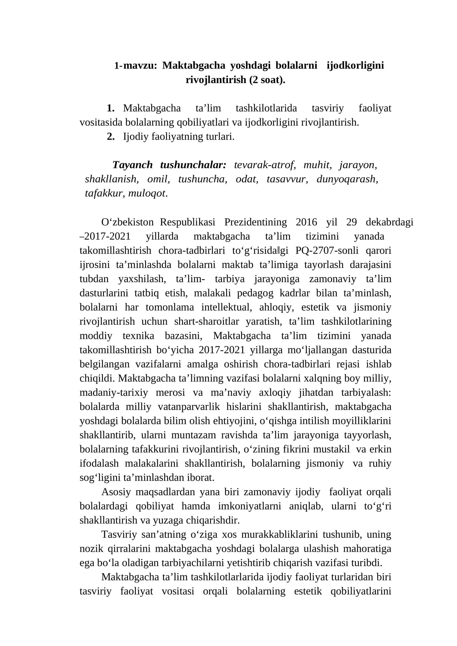 Maktabgacha yoshdagi bolalarni ijodkorligini rivojlantirish (2 soat)