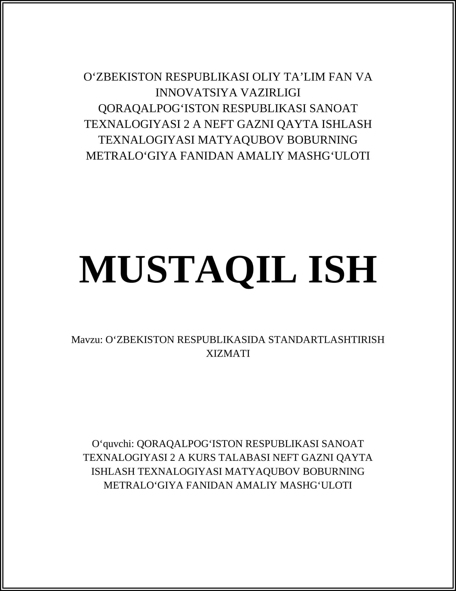 O‘ZBEKISTON RESPUBLIKASIDA STANDARTLASHTIRISH XIZMATI
