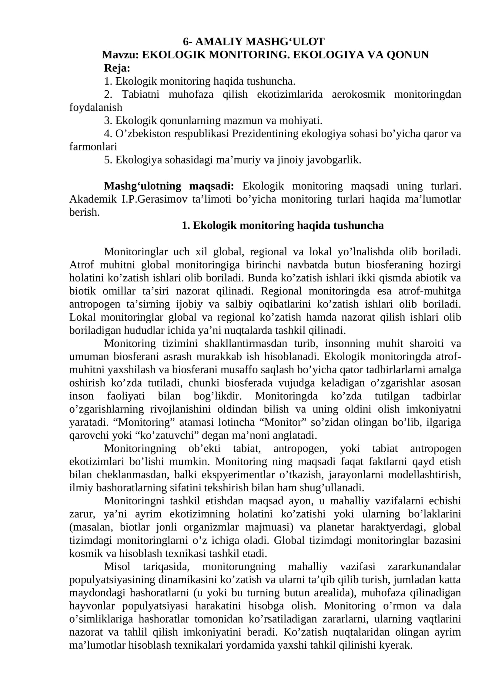 EKOLOGIK MONITORING. EKOLOGIYA VA QONUN