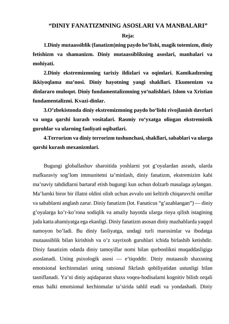 Diniy Fanatizmning Asoslari va Manbalari