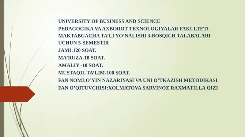 O’YIN NAZARIYASI VA UNI O’TKAZISH METODIKASI
