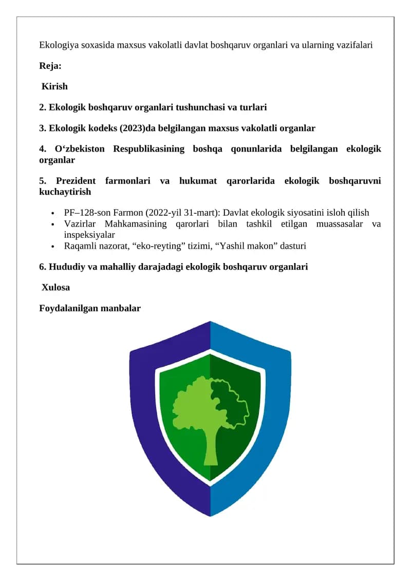 Ekologiya soxasida maxsus vakolatli davlat boshqaruv organlari va ularning vazifalari