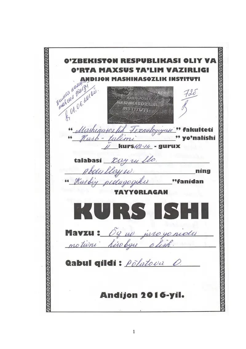 Kurs ishi: O’quv jarayonida motivni hisobga olish