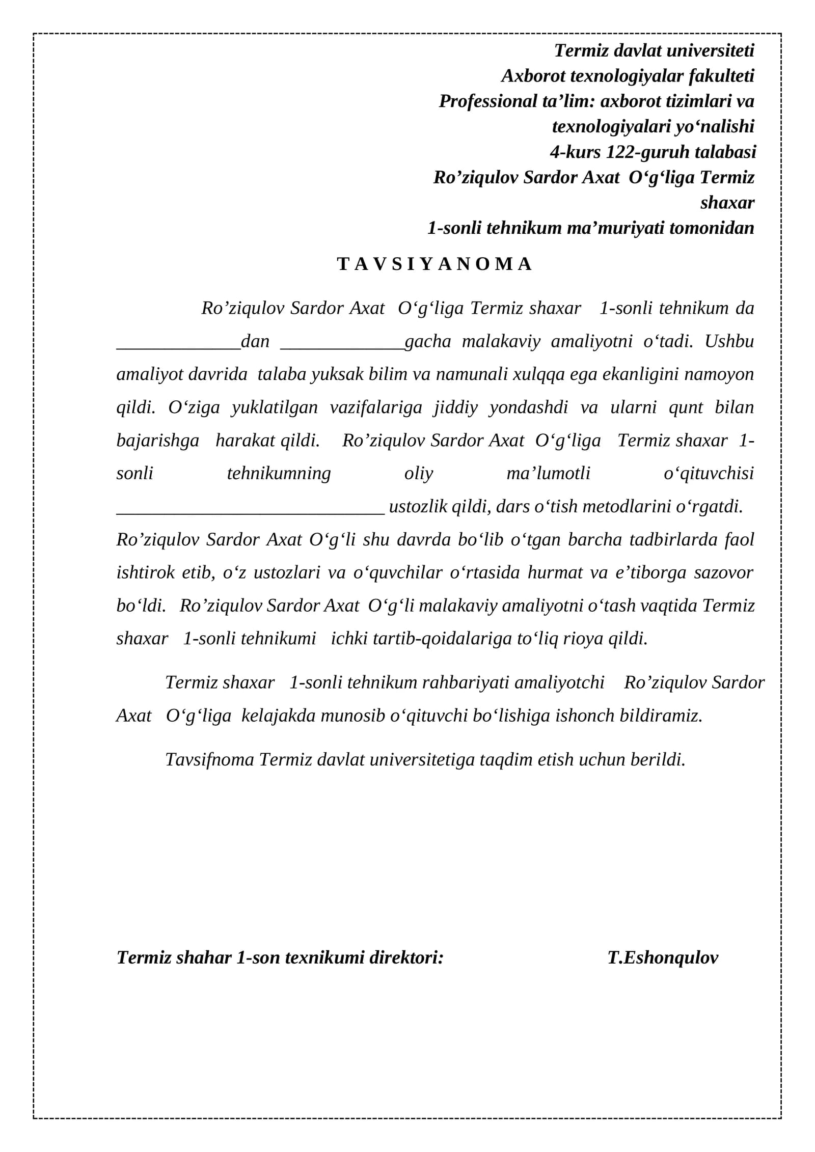 Axborot texnologiyalar fakulteti Professional ta’lim