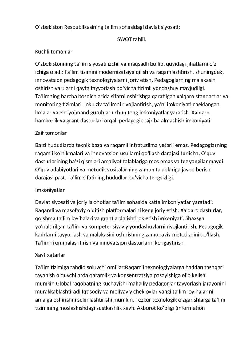 O‘zbekiston Respublikasining ta’lim sohasidagi davlat siyosati: SWOT tahlil