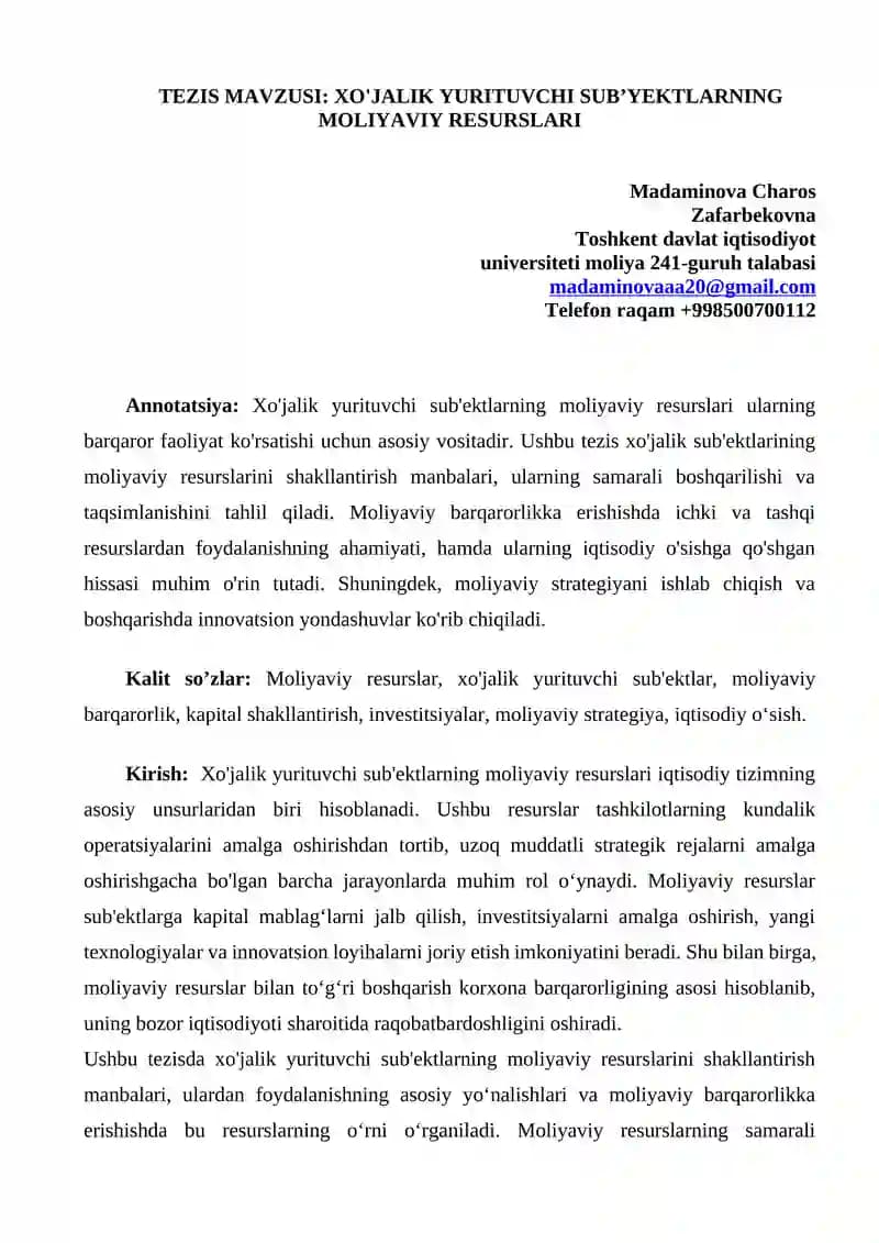 XO'JALIK YURITUVCHI SUBʼYEKTLARNING MOLIYAVIY RESURSLARI
