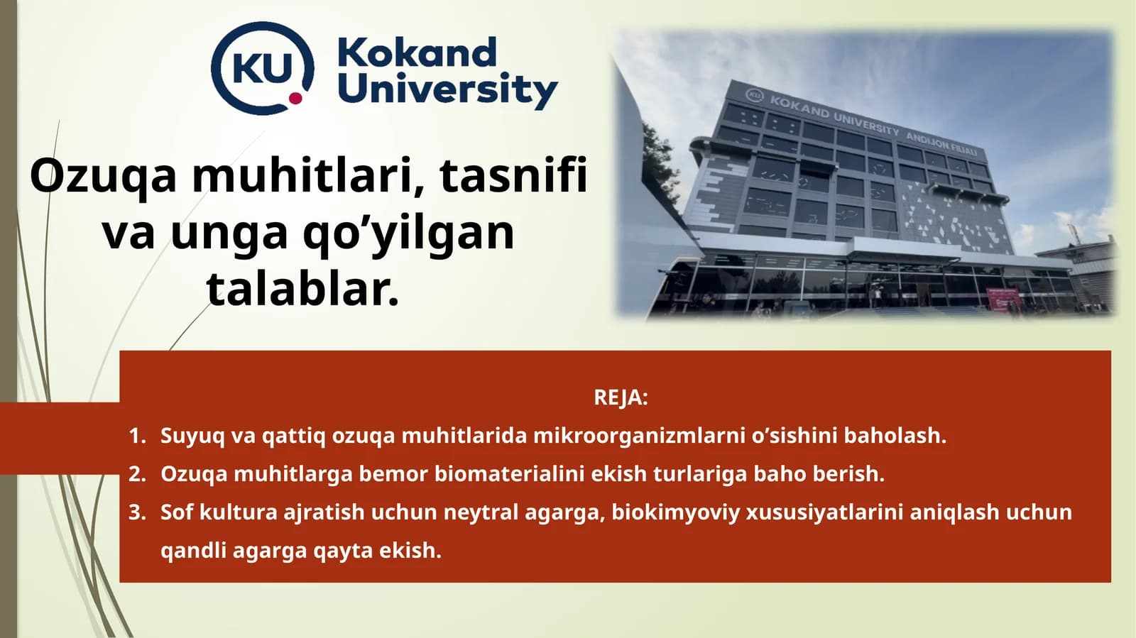 Ozuqamuhitlari,tasnifivaungaqo’yilgantalablar