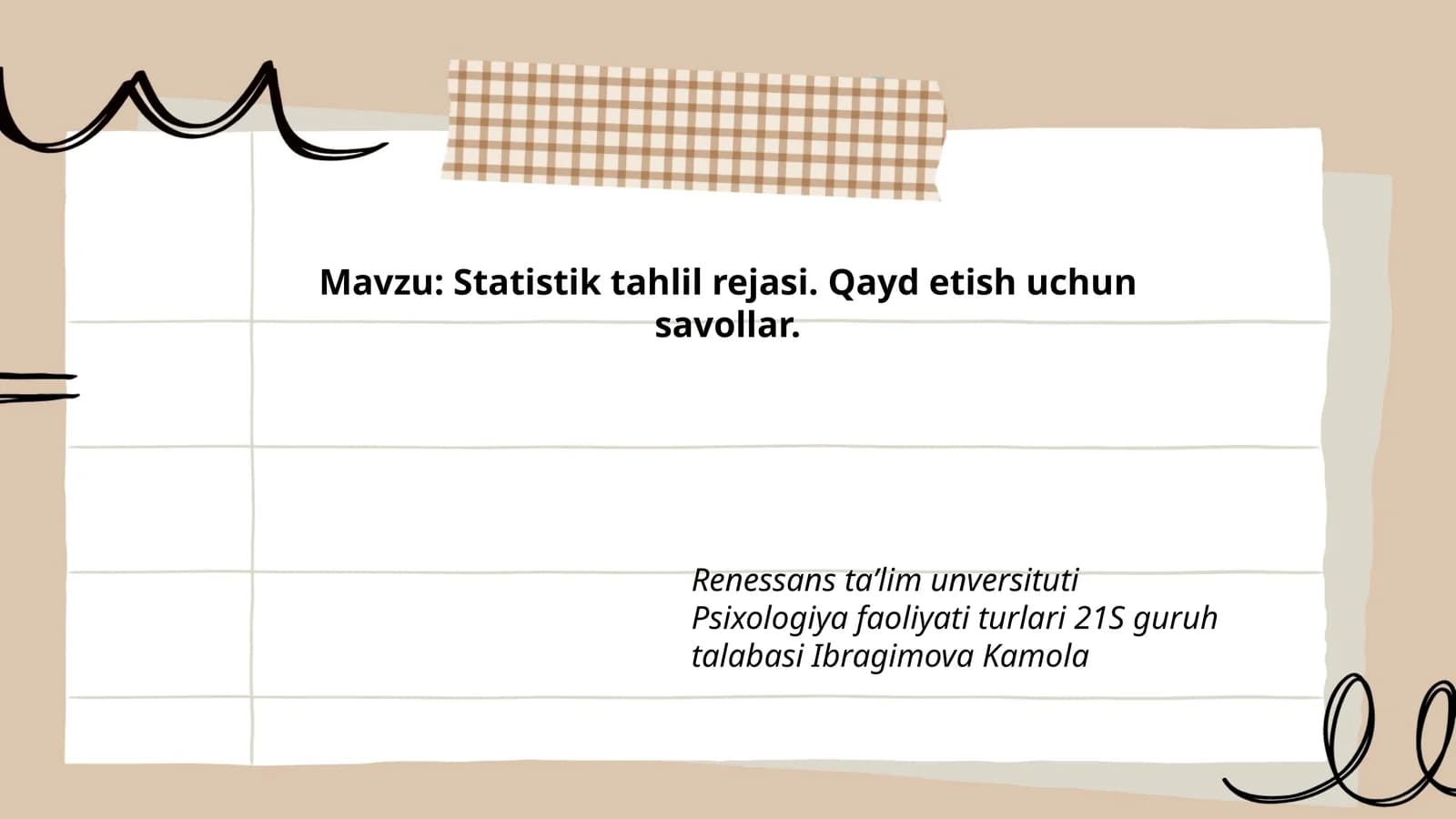 Statistik tahlil rejasi. Qayd etish uchun savollar