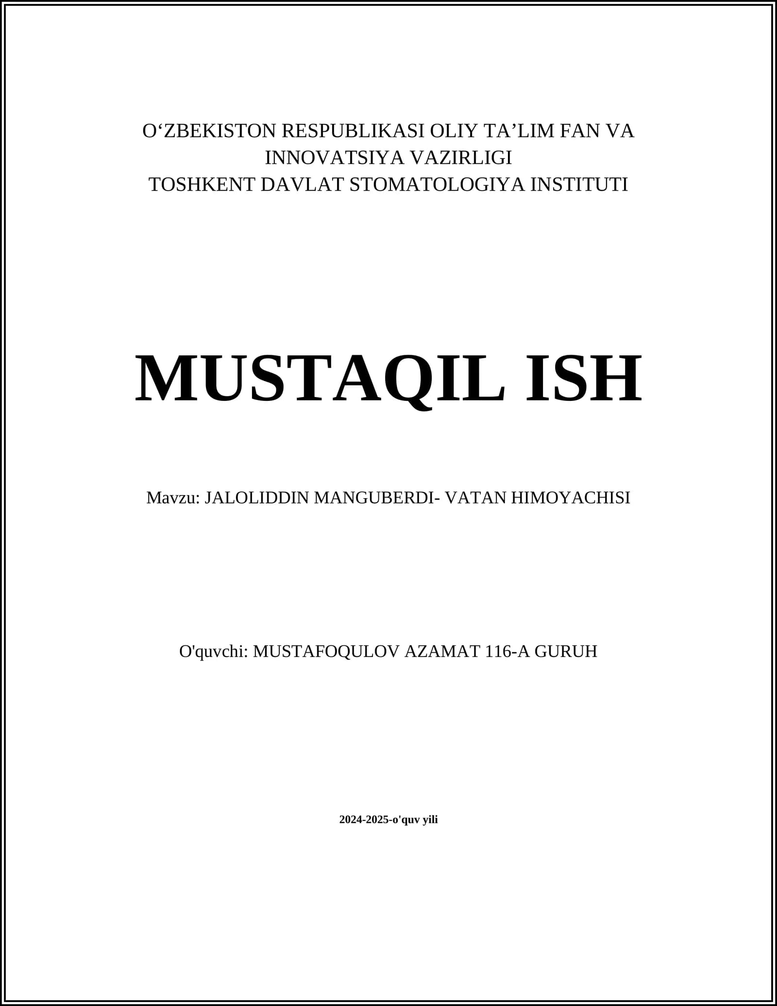 JALOLIDDIN MANGUBERDI- VATAN HIMOYACHISI