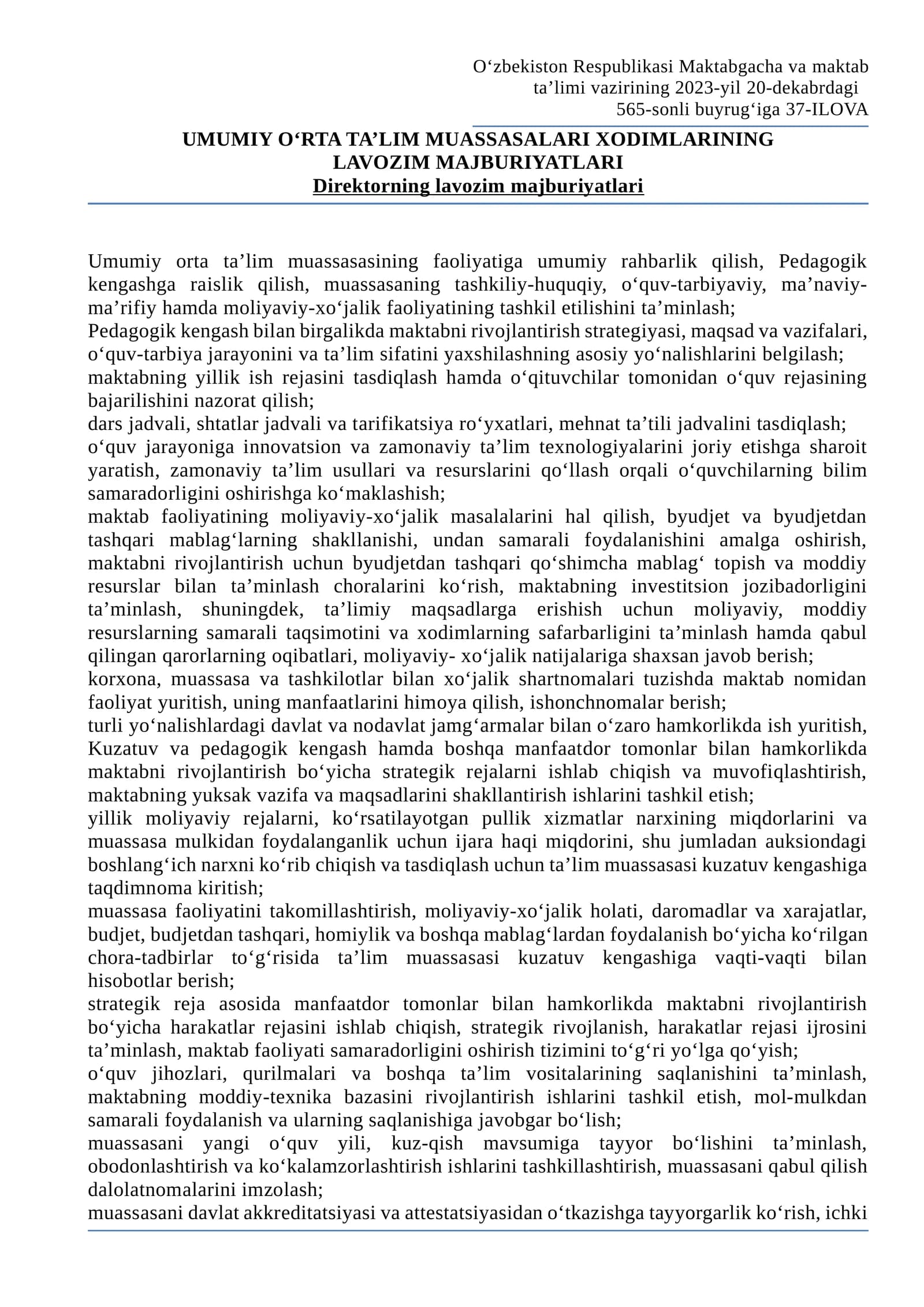 UMUMIY O‘RTA TA’LIM MUASSASALARI XODIMLARINING LAVOZIM MAJBURIYATLARI