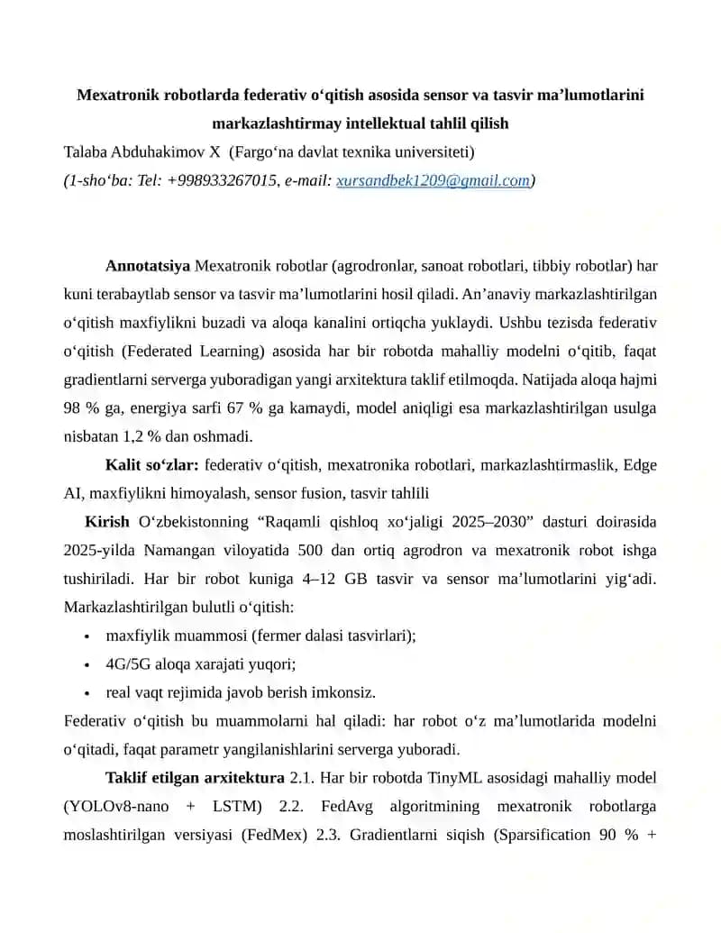 Federativ o‘qitish asosida Mexatronik robotlarda sensor va tasvir ma’lumotlarini intellektual tahlil qilish
