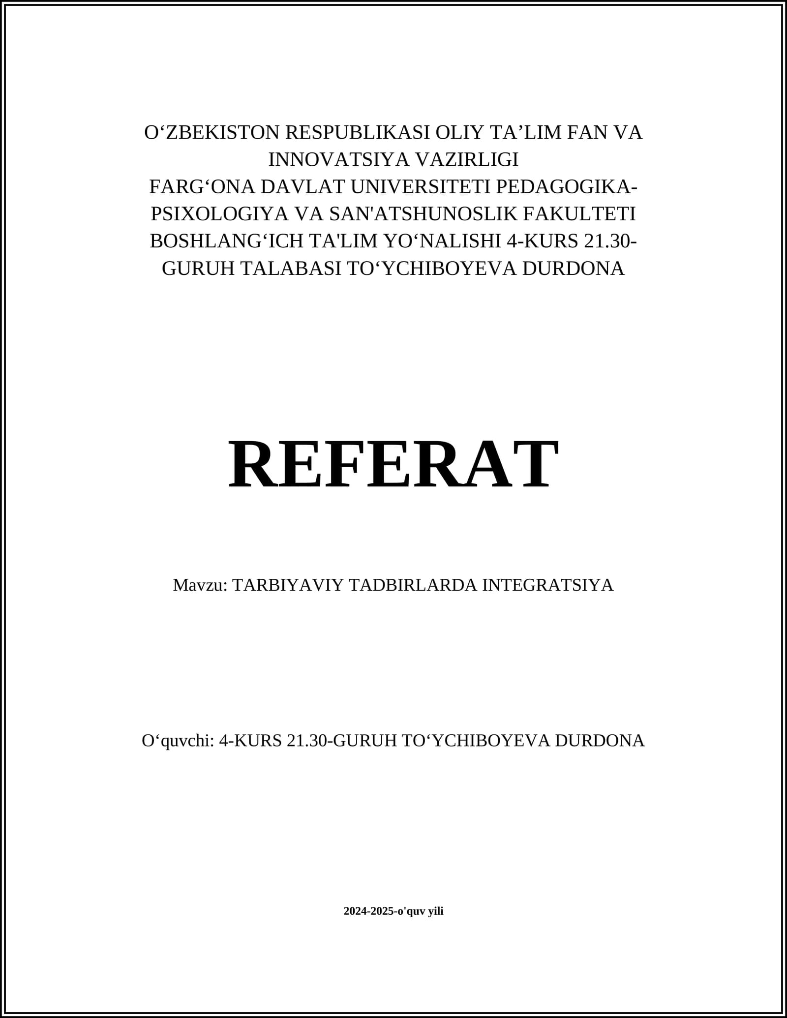 TARBIYAVIY TADBIRLARDA INTEGRATSIYA