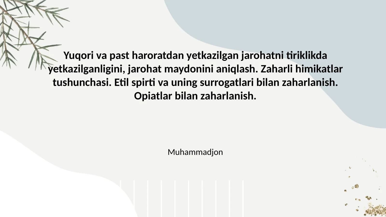 Zaharli kimyoviy moddalar bilan zaharlanishning umumiy tushunchasi va klassifikatsiyasi