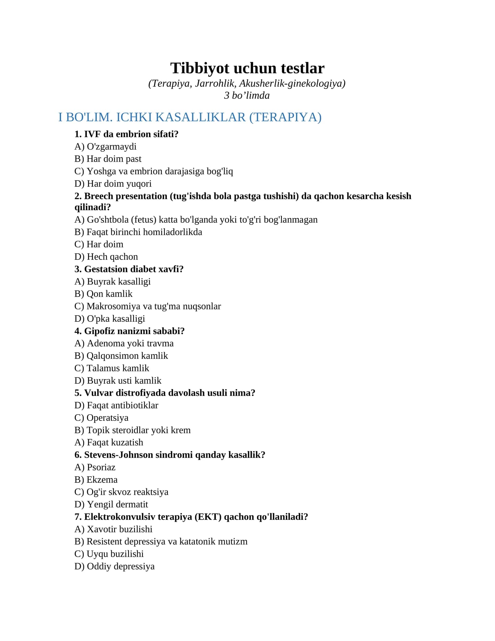 Tibbiyot uchun testlar