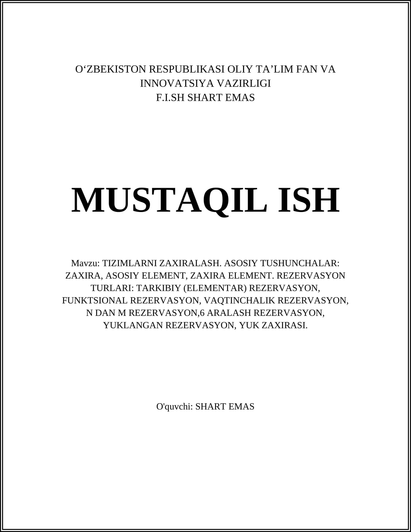 TIZIMLARNI ZAXIRALASH