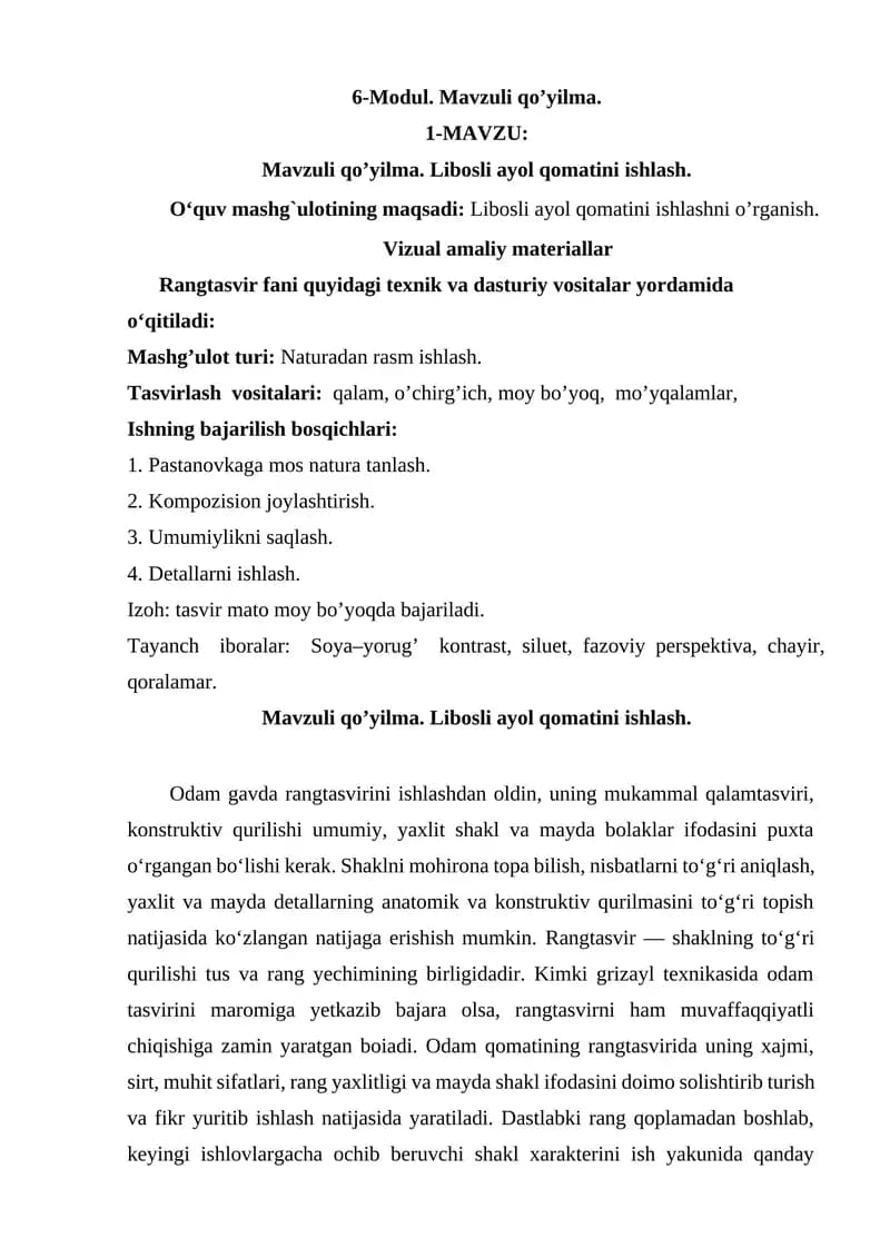 Mavzuli qo’yilma. Libosli ayol qomatini ishlash