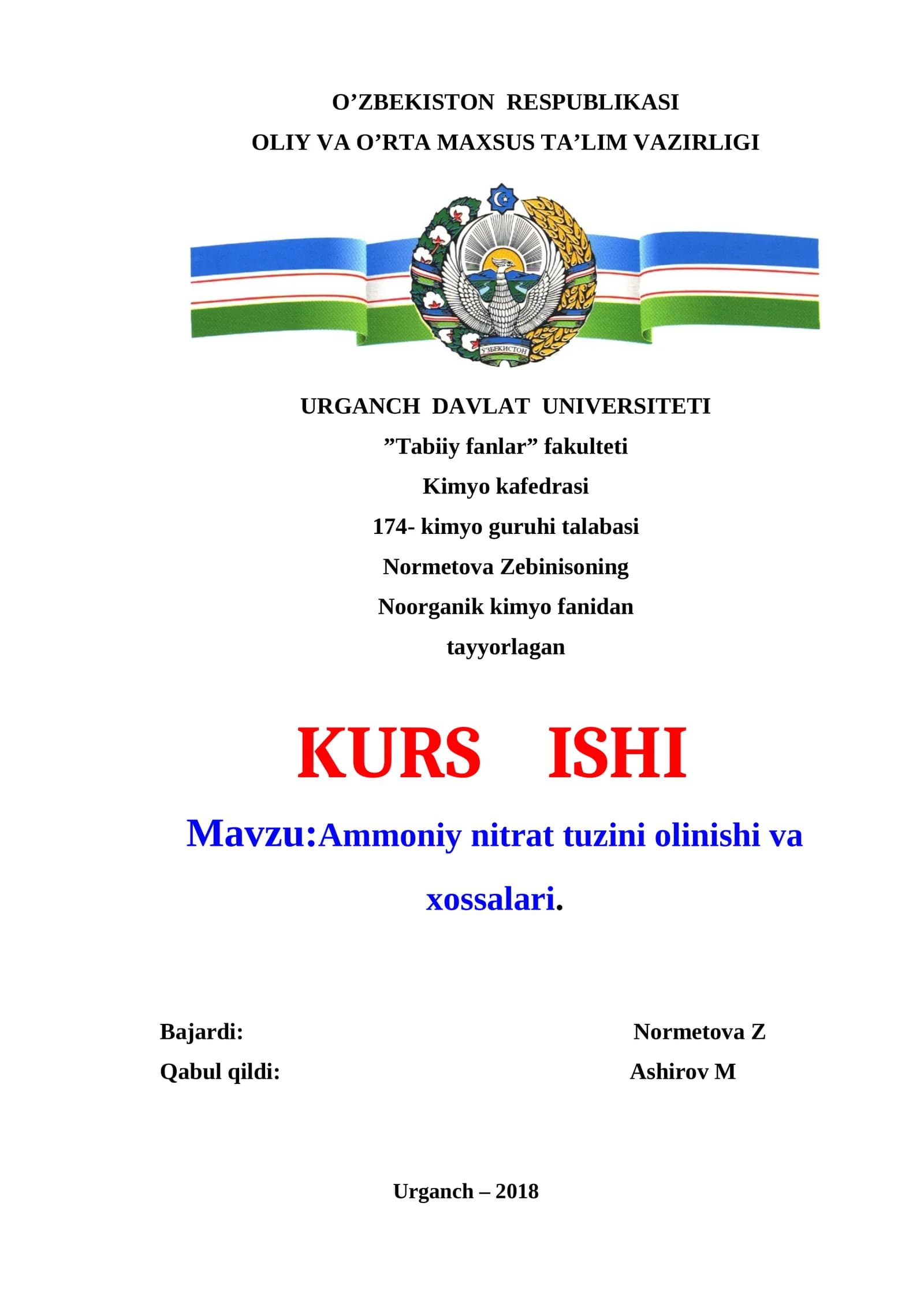 Ammoniy nitrat tuzini olinishi va xossalari
