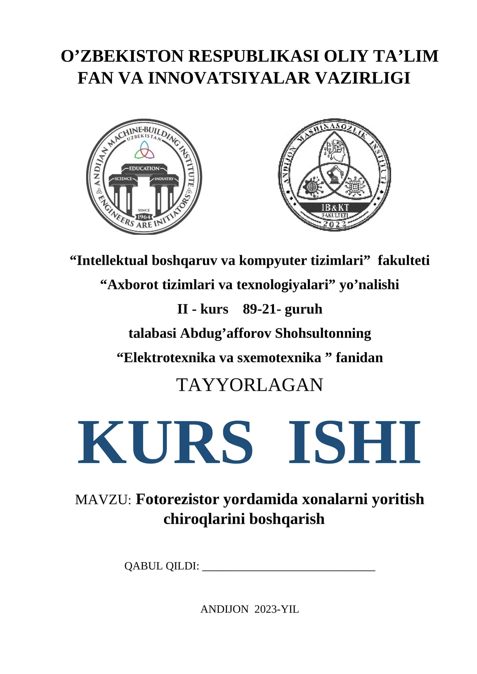 Fotorezistor yordamida xonalarni yoritish chiroqlarini boshqarish kurs ishi