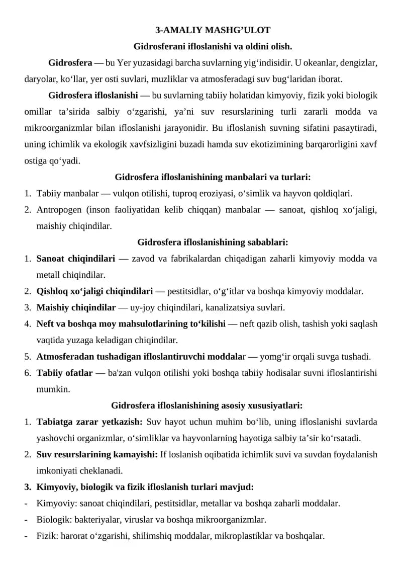 Gidrosfera ifloslanishi va oldini olish