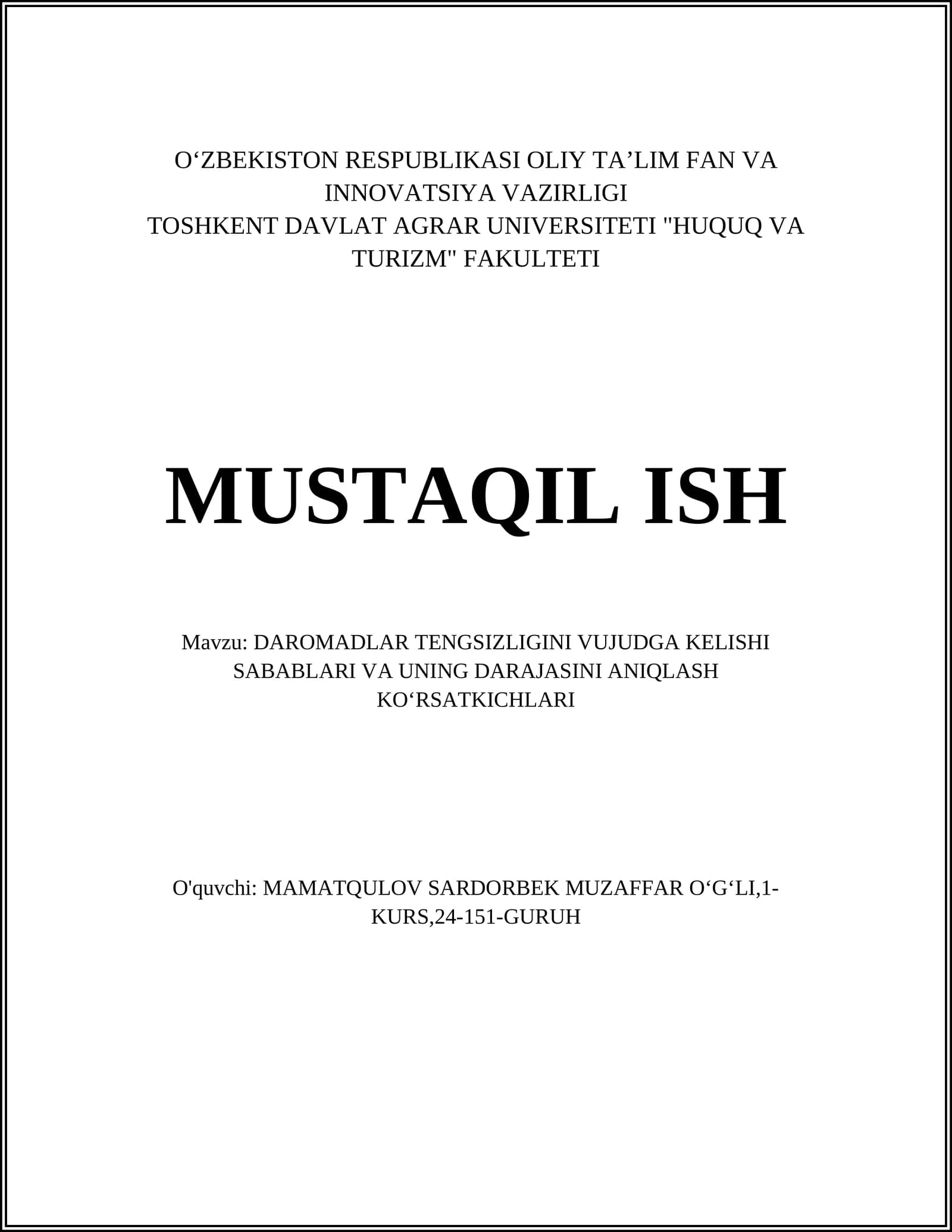 DAROMADLAR TENGSIZLIGINI VUJUDGA KELISHI SABABLARI VA UNING DARAJASINI ANIQLASH KOʻRSATKICHLARI