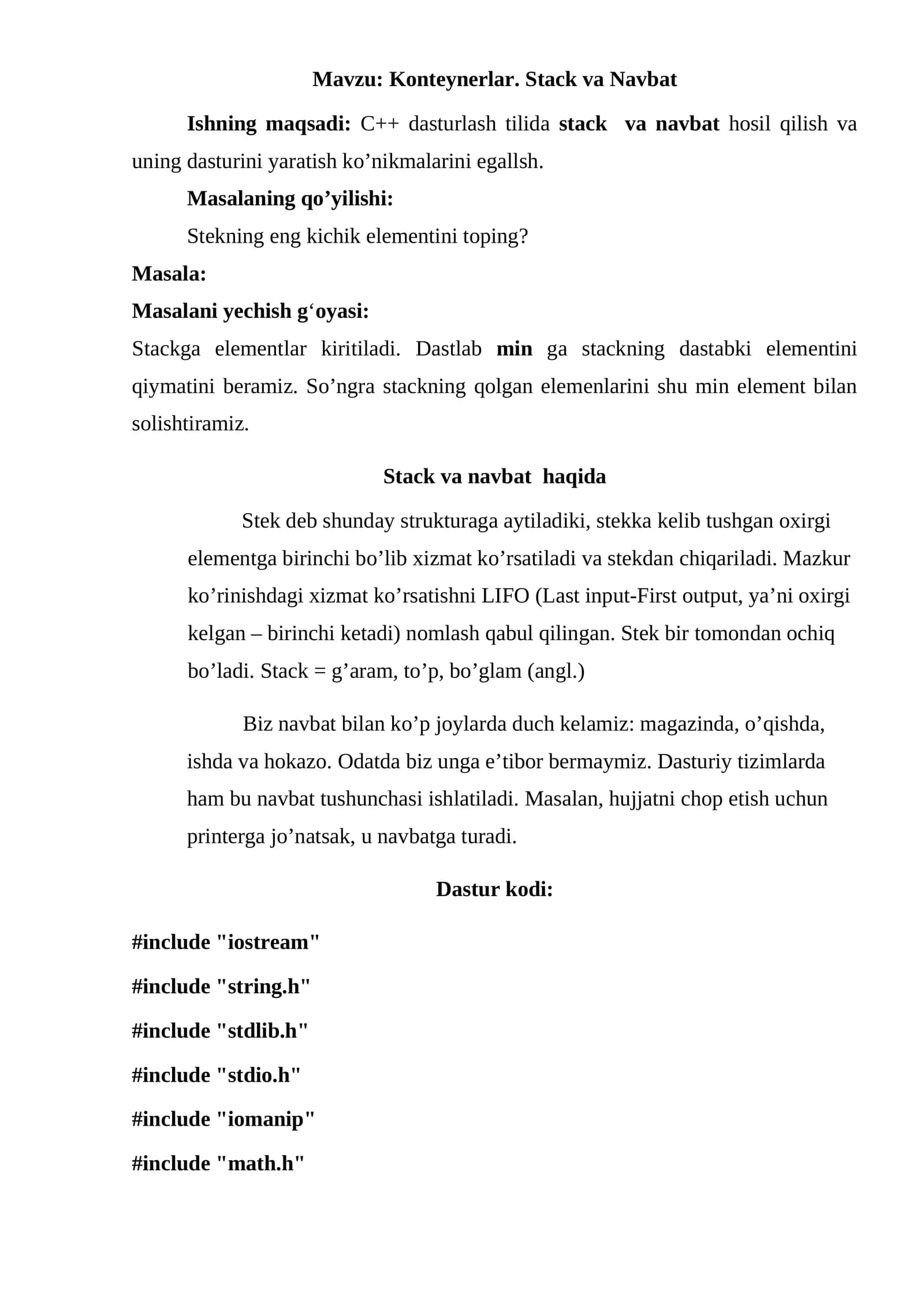 Konteynerlar. Stack va Navbat