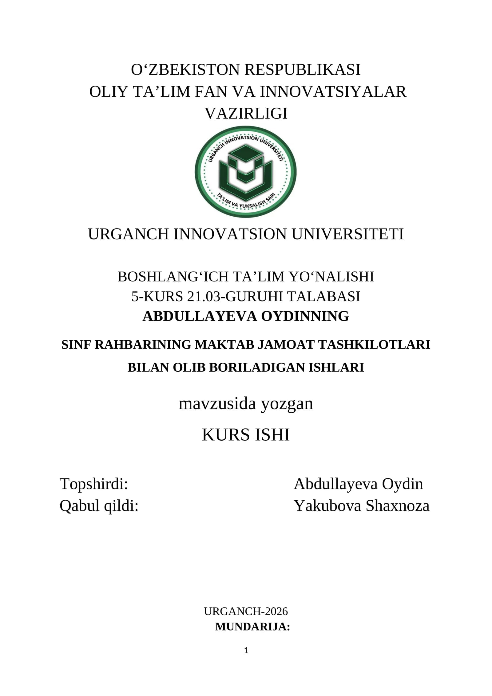 SINF RAHBARINING MAKTAB JAMOAT TASHKILOTLARI BILAN OLIB BORILADIGAN ISHLARI