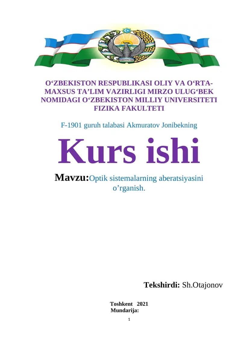 Optik sistemalarning aberatsiyasini o’rganish