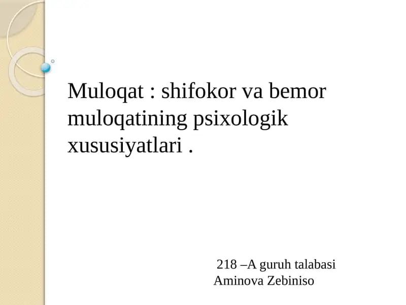 Muloqat:shifokorvabemormuloqatiningpsixologikxususiyatlari