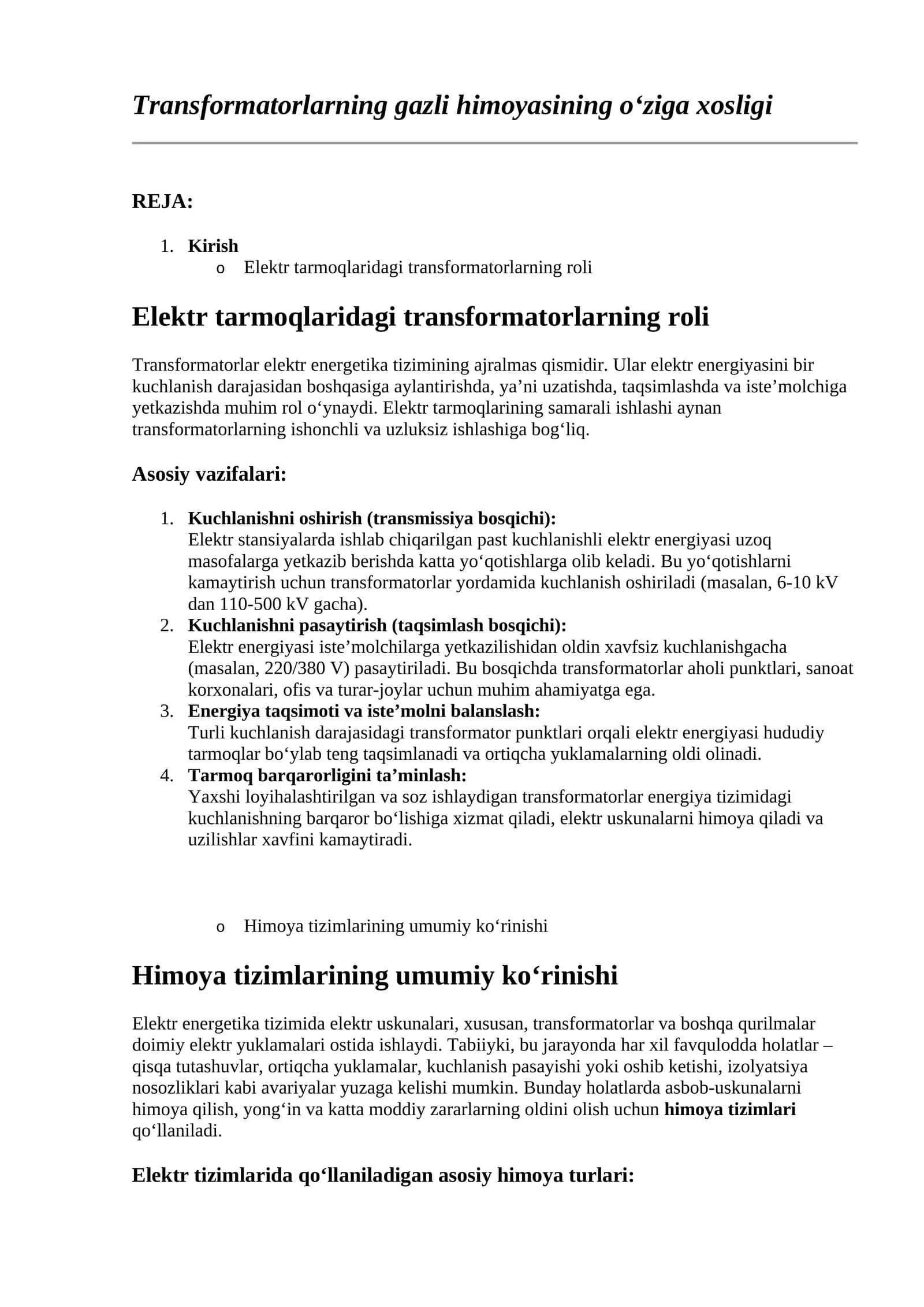 Transformatorlarning gazli himoyasining o‘ziga xosligi