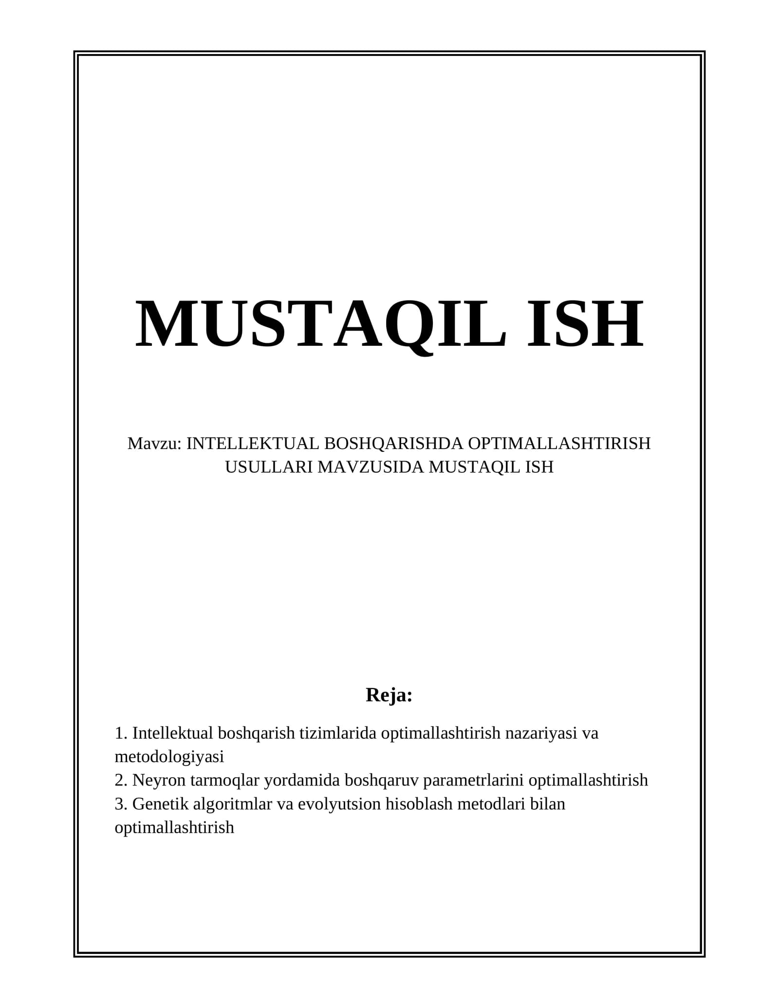 INTELLEKTUAL BOSHQARISHDA OPTIMALLASHTIRISH USULLARI